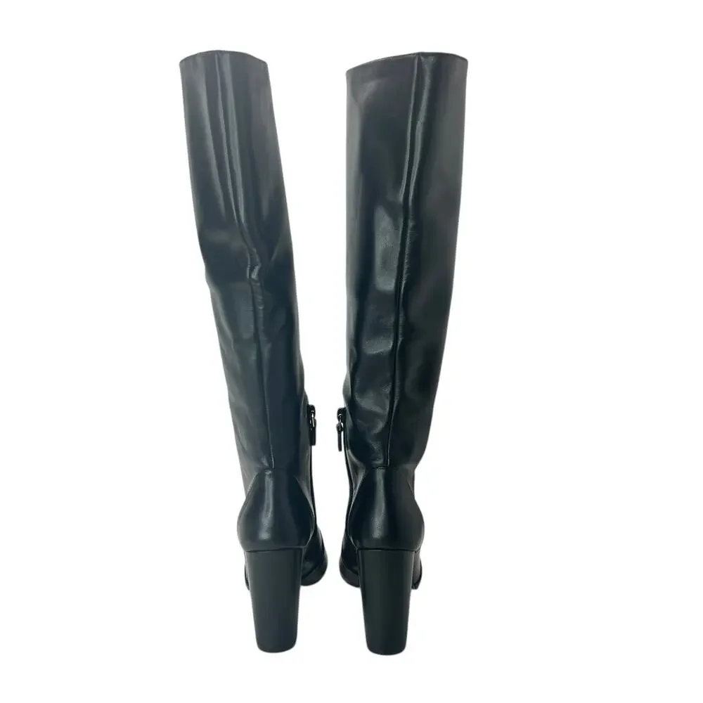 Stuart Weitzman Vita 100MM Leather Knee High Chunky Heel Boot Black Women 5.5B